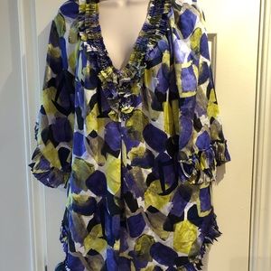 Alfani Blouse Women's Size 14 Purple Yellow Ruffled flowing sleeves.